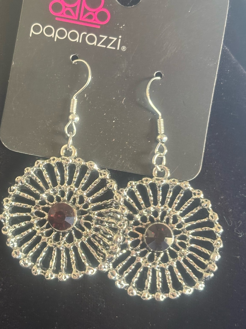 Paparazzi Silver Filigree Drop Earrings with Dark purple Gem